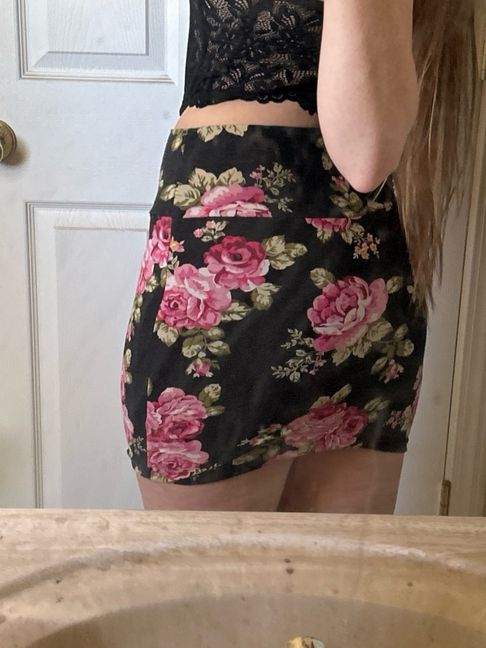 Black Floral Mini Skirt with Pink Rose Print - Picture 3 of 3